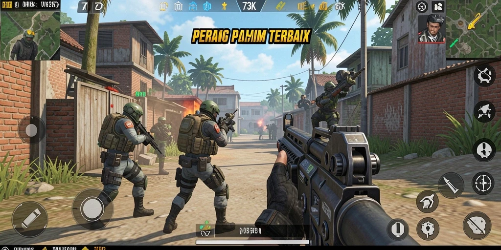 Tampilan gameplay seru dalam 73K dengan aksi tembak-menembak yang intens.