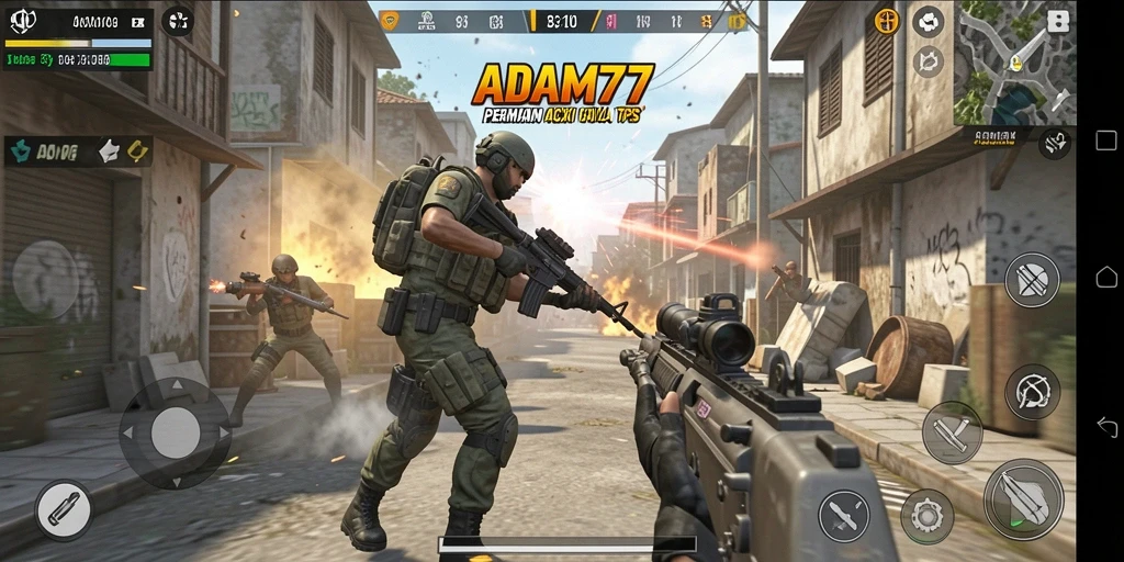 Tampilan gameplay seru dari ADAM77 dengan aksi tembak-menembak yang intens.
