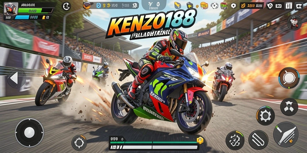 Screenshot dari gameplay KENZO188 yang menampilkan aksi balap motor yang seru.