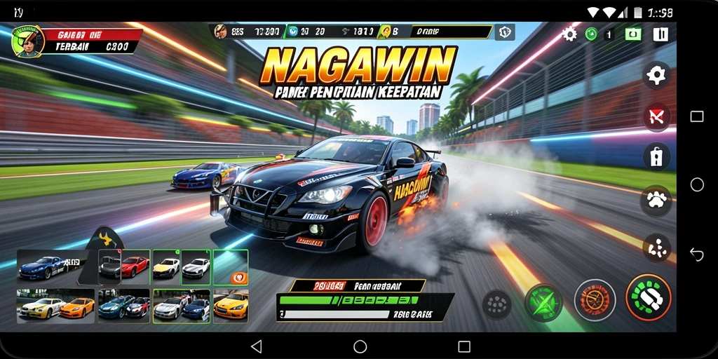 Screenshot gameplay NAGAWIN yang menampilkan aksi balap mendebarkan.