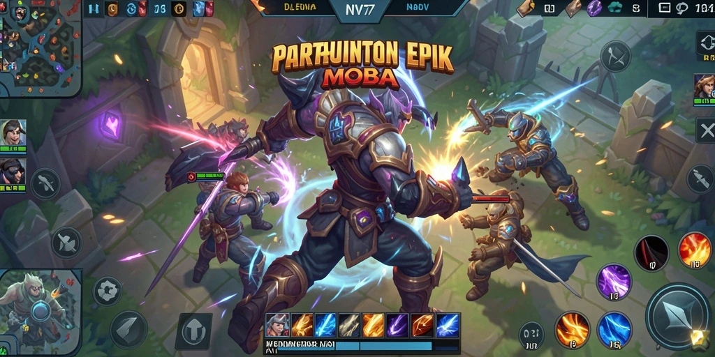 Screenshot gameplay NV77 menampilkan pertarungan antar karakter MOBA yang epik.