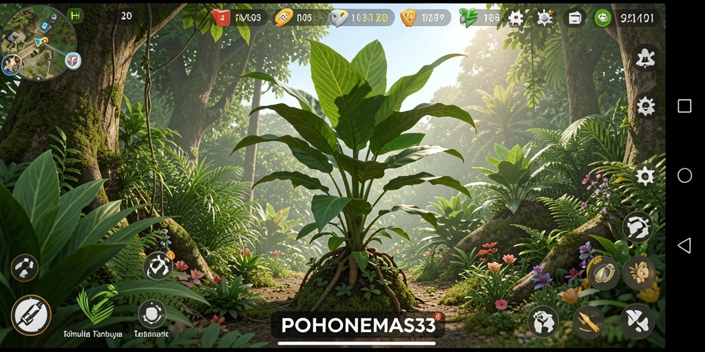 Tangkapan layar gameplay POHONEMAS33 menampilkan kebun yang rimbun.