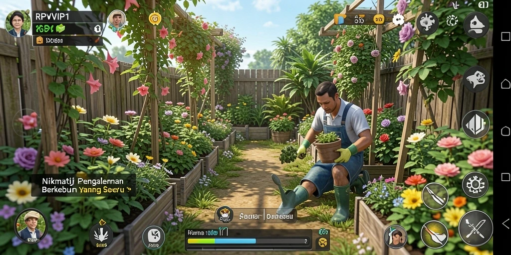 Gameplay RPVIP1 dengan tampilan kebun yang indah dan interaksi hewan.
